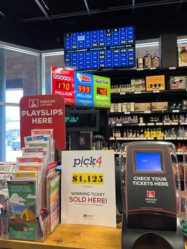 Lotto-375x500-1 On self display for the Oregon Lottery with playslips, ticket reader, keno results, and jackpot reader board.